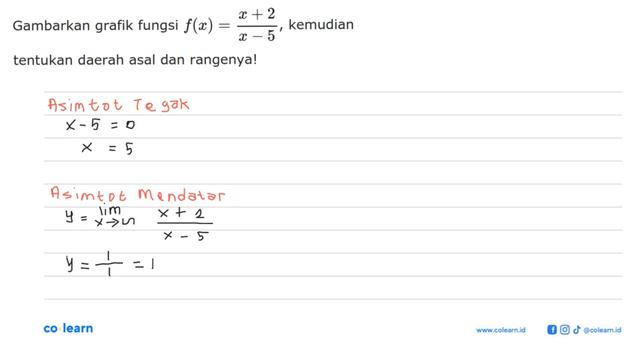 Gambarkan grafik fungsi f(x)=(x+2)/(x-5), kemudian tentukan daerah asal dan rangenya! смотреть онлайн