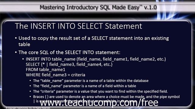 SQL Training - Structured Query Language Tutorial - The INSERT INTO SELECT Statement Lesson смотреть онлайн