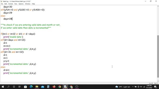 Python program to check if given date is valid or not, if it is valid increment the date смотреть онлайн
