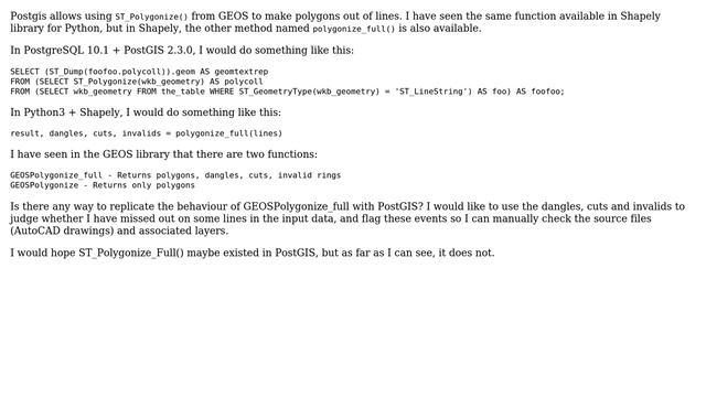 GIS: Make ST_Polygonize in Postgis return dangles, cuts and invalid rings смотреть онлайн