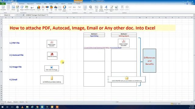 How to attach PDF,Autocad dwg, Image,Email & Other Doc into Excel Tutorial in Hindi смотреть онлайн
