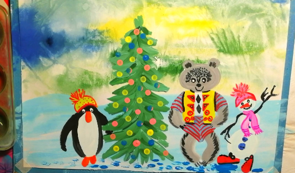 Как нарисовать, как пингвинёнок, мишка и снеговик ёлку нарядили. смотреть онлайн