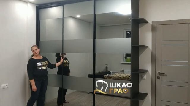 Шкаф-купе в спальню с пескоструем (полосы) на зеркале графит. смотреть онлайн