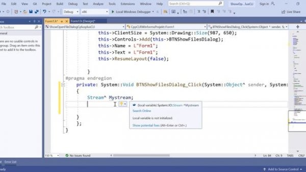 c++/cli windows forms (Show openfiledialog) visual studio code