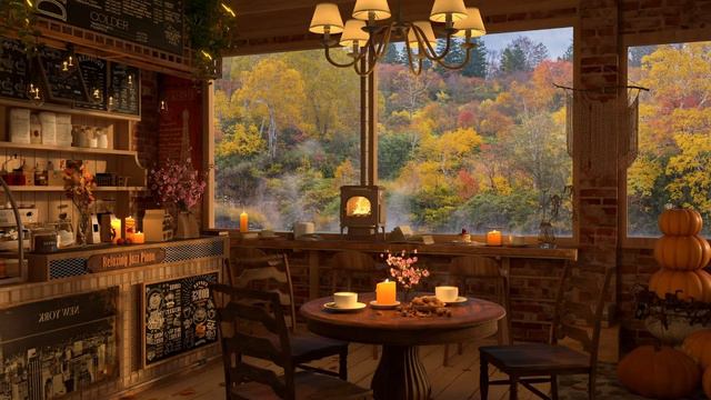 Autumn Forest Coffee Cabin Ambience ☕ Smooth Piano Jazz Music For Relaxing, Studying, Sleeping