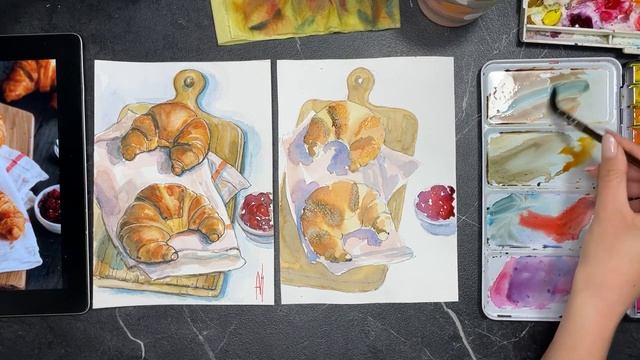Круассаны, скетчинг акварелью
