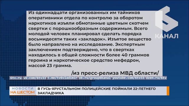 В Гусь-Хрустальном полицейские поймали 22-летнего закладчика смотреть онлайн