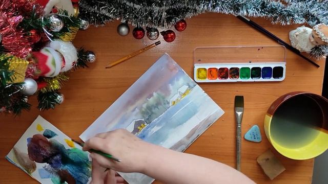 Рисуем с нуля. Зимний пейзаж для начинающих. Акварель. смотреть онлайн