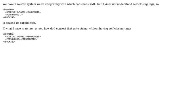 Databases: T-SQL: Convert XML to string without self-closing tags смотреть онлайн