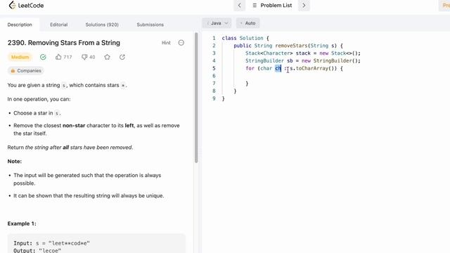 Leetcode | 2390. Removing Stars From a String | Medium | Java Solution смотреть онлайн