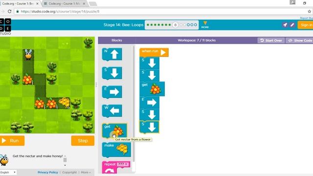 Code.org: Course 1 - Stage 14: Bee Loops