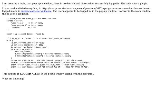 Wordpress: wp_signon returns user, in popup window, but the user is not logged in смотреть онлайн