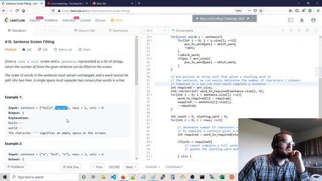 Sentence Screen Fitting, Leetcode (Medium), C++ смотреть онлайн