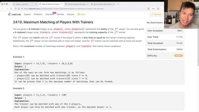 2410. Maximum Matching of Players With Trainers (Leetcode Medium) смотреть онлайн