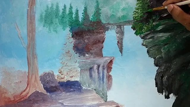 How to Paint Water Falls/ Simple Landscape Painting for Beginners/ Time Lapsed and Real Time смотреть онлайн