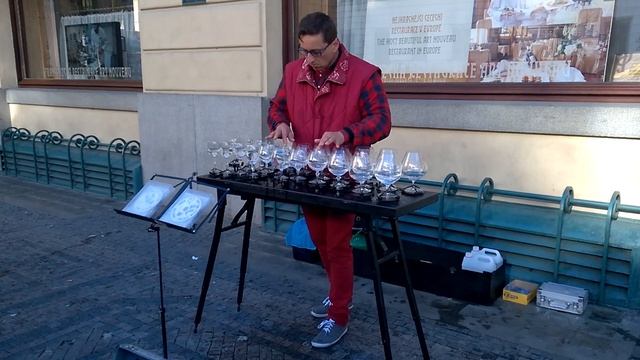 Пражская уличная музыка. Игра на бокалах с водой