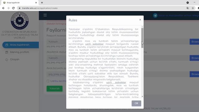 O'QISHNI KO'CHIRISH, PEREVOD QILISH VA O'QISHNI TIKLASH UCHUN ARIZA TOPSHIRISH, ALBATTA KO'RING !