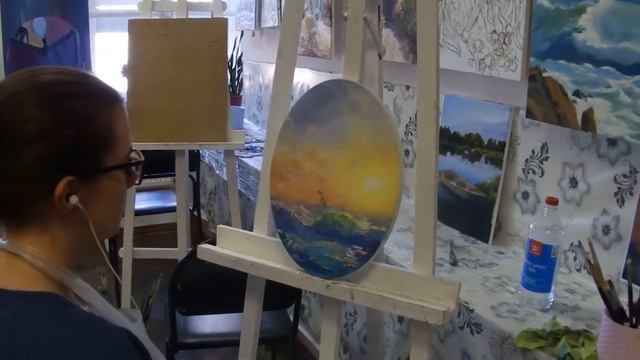 Море маслом закат. Овальный холст смотреть онлайн