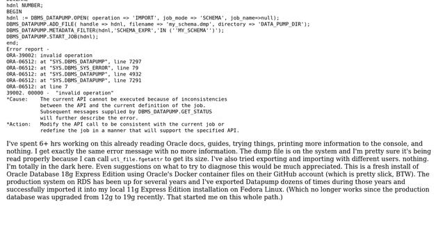 Databases: ambiguous "invalid operation" while importing during Oracle datapump смотреть онлайн