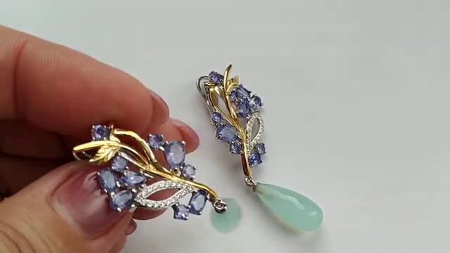 Серебряные серьги с аква халцедоном, бриолет (20х8мм) и танзанитами смотреть онлайн