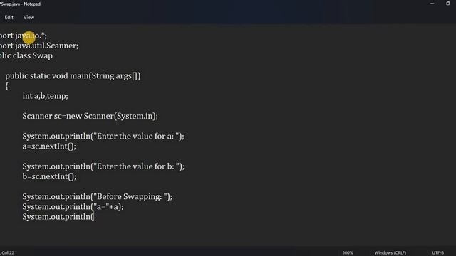 JAVA | Program to swap values of 2 variables using temporary variable. смотреть онлайн