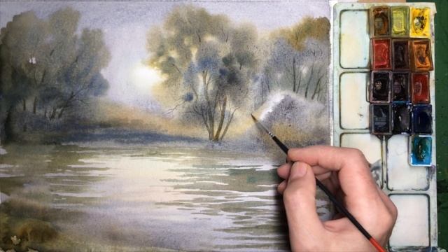 Уроки рисования. Как рисовать пейзаж. Акварель. Поэтапный мастер-класс по акварельной живописи. смотреть онлайн