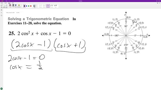 2cos^2(x) + Cos(x) - 1 = 0, Solve For X