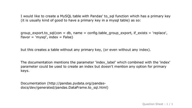 MySQL : Python Pandas to_sql, how to create a table with a primary key? смотреть онлайн
