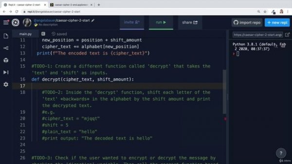 Day 8 - Function Parameters & Caesar Cipher - 7 Caesar Cipher Part 2 - Decryption