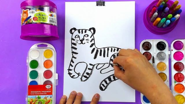 Рисуем ТИГАР красками акварель - уроки рисовния от РыбаКит смотреть онлайн