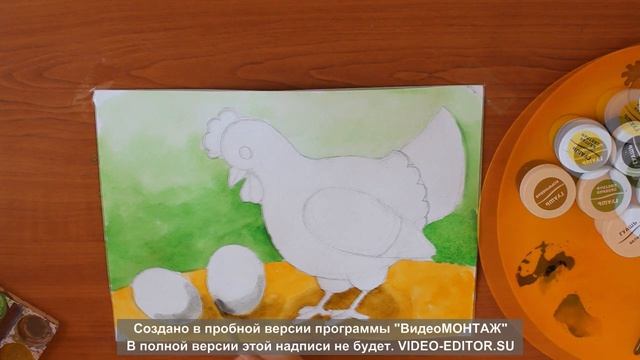 Рисуем курочку на полянке используя гуашь и акварель. смотреть онлайн