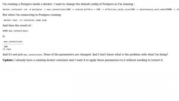 Databases: postgres - c <parameter> = <value> not working for postgres 11 in docker