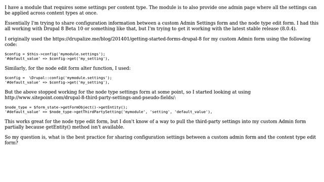 Drupal: How do I share configuration between custom admin form and node type edit form? смотреть онлайн