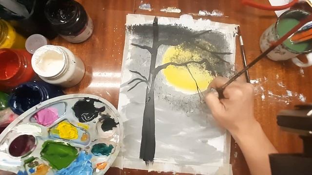 Как нарисовать дерево под луной. Рисуем зимний пейзаж. Правополушарное рисование. Рисуем дерево. смотреть онлайн