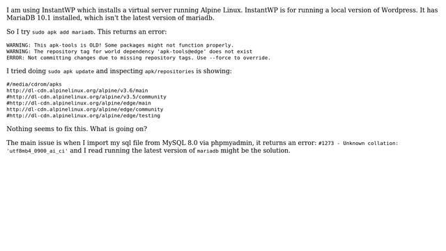 InstantWP Alpine Linux - repository tag for world dependency 'apk-tools@edge' does not exist смотреть онлайн