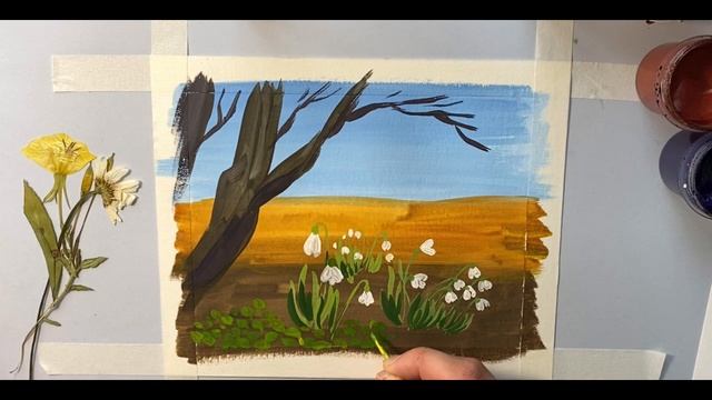 Как легко нарисовать ВЕСНУ ГУАШЬЮ. рисуем весенний пейзаж с подснежниками. Гуашь для начинающих смотреть онлайн