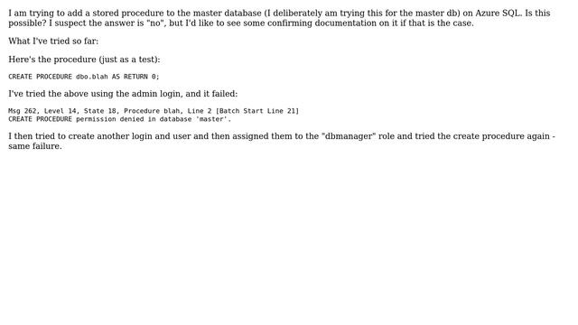 Azure SQL - is it possible to assign CREATE PROCEDURE permission for the master database? смотреть онлайн