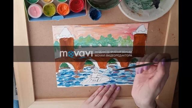 Пейзаж с лодкой и мостом смотреть онлайн