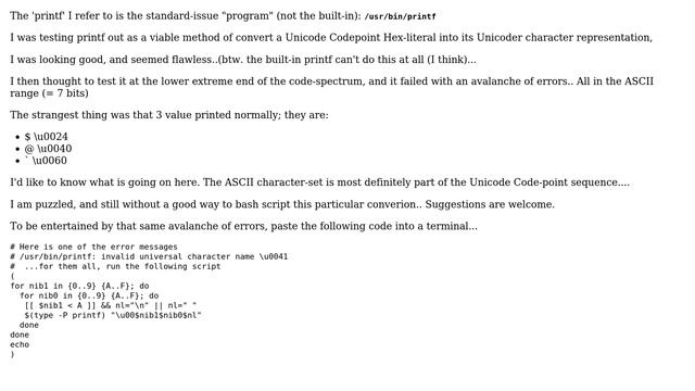 Why does printf report an error on all but three (ASCII-range) Unicode Codepoints, yet is fine... смотреть онлайн