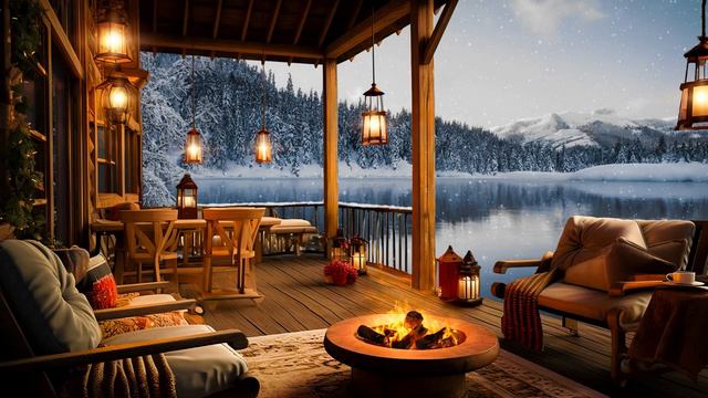 Snowy Day At Cozy Winter Porch Ambience ☕ Relaxing Jazz Background Music & Fireplace Sounds To Stud