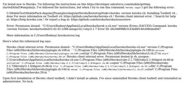 Salesforce: How do I fix this Heroku client tools error: Permission denied @ rb_sysopen? смотреть онлайн