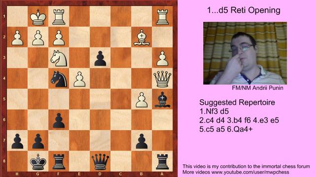 Chess - The 1...d5 Reti Opening (for black) - 2.c4 d4 3.b4 f6 4.e3 e5 5.c5 a5 6.Qa4 смотреть онлайн