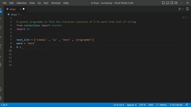 Python program to find the character position of k'th word from a give list of string . смотреть онлайн