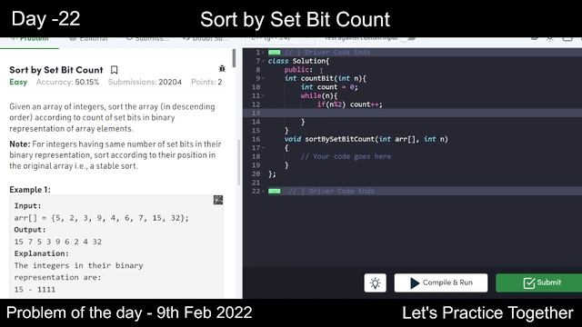Sort by Set Bit Count | Problem of the Day | 9th Feb | Let's practice together смотреть онлайн
