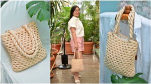 Как связать легкую и вместительную сумку сетку Видео МК + пошив подкладки + крученые ручки