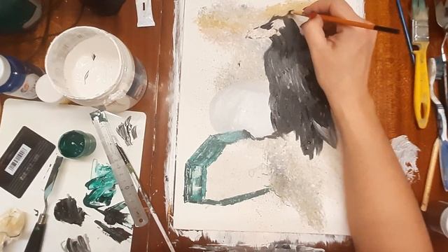Как нарисовать интерьерную картину. Рисуем ворона. Рисуем на холсте. Рисуем акрилом. смотреть онлайн