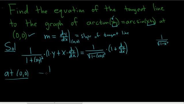 Equation of Tangent Line to Graph of arctan(xy) = arcsin(x + y) at (0,0) смотреть онлайн