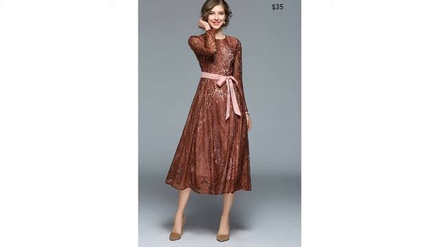 Одежда с AliExpress. Модное демисезонное кружевное платье с длинными рукавами ниже колен. смотреть онлайн