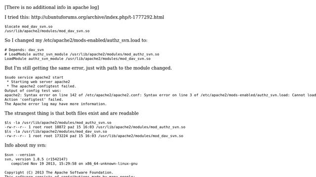 Ubuntu: Can't start apache2.4 after upgrading subversion to 1.8.5 смотреть онлайн