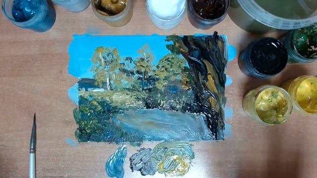 Пруд гуашью с использованием фактурной пасты.